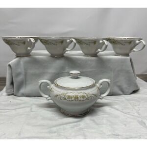 Vintage Norleans China Japan Sugar‎ Bowl Lid & 4 Teacups White Gold Floral